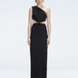 Front view of model wearing Violet Black Maxi Dress with one-shoulder design, cut-outs, and chic buckle detail.
