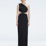 Front view of model wearing Violet Black Maxi Dress with one-shoulder design, cut-outs, and chic buckle detail.
