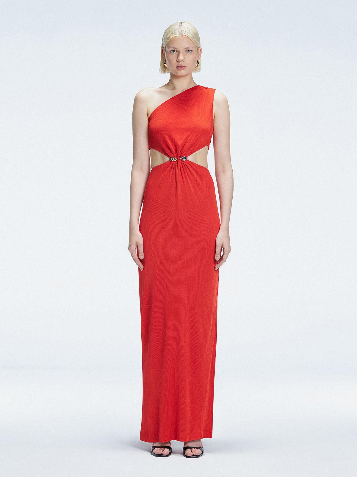 Front view of model wearing Violet Red Maxi Dress with one-shoulder design, cut-outs, and chic buckle detail.
