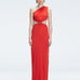 Front view of model wearing Violet Red Maxi Dress with one-shoulder design, cut-outs, and chic buckle detail.
