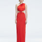 Front view of model wearing Violet Red Maxi Dress with one-shoulder design, cut-outs, and chic buckle detail.
