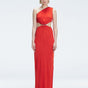 Front view of model wearing Violet Red Maxi Dress with one-shoulder design, cut-outs, and chic buckle detail.
