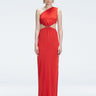 Front view of model wearing Violet Red Maxi Dress with one-shoulder design, cut-outs, and chic buckle detail.
