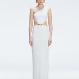 Front view of model wearing Violet White Maxi Dress with one-shoulder design, cut-outs, and chic buckle detail.
