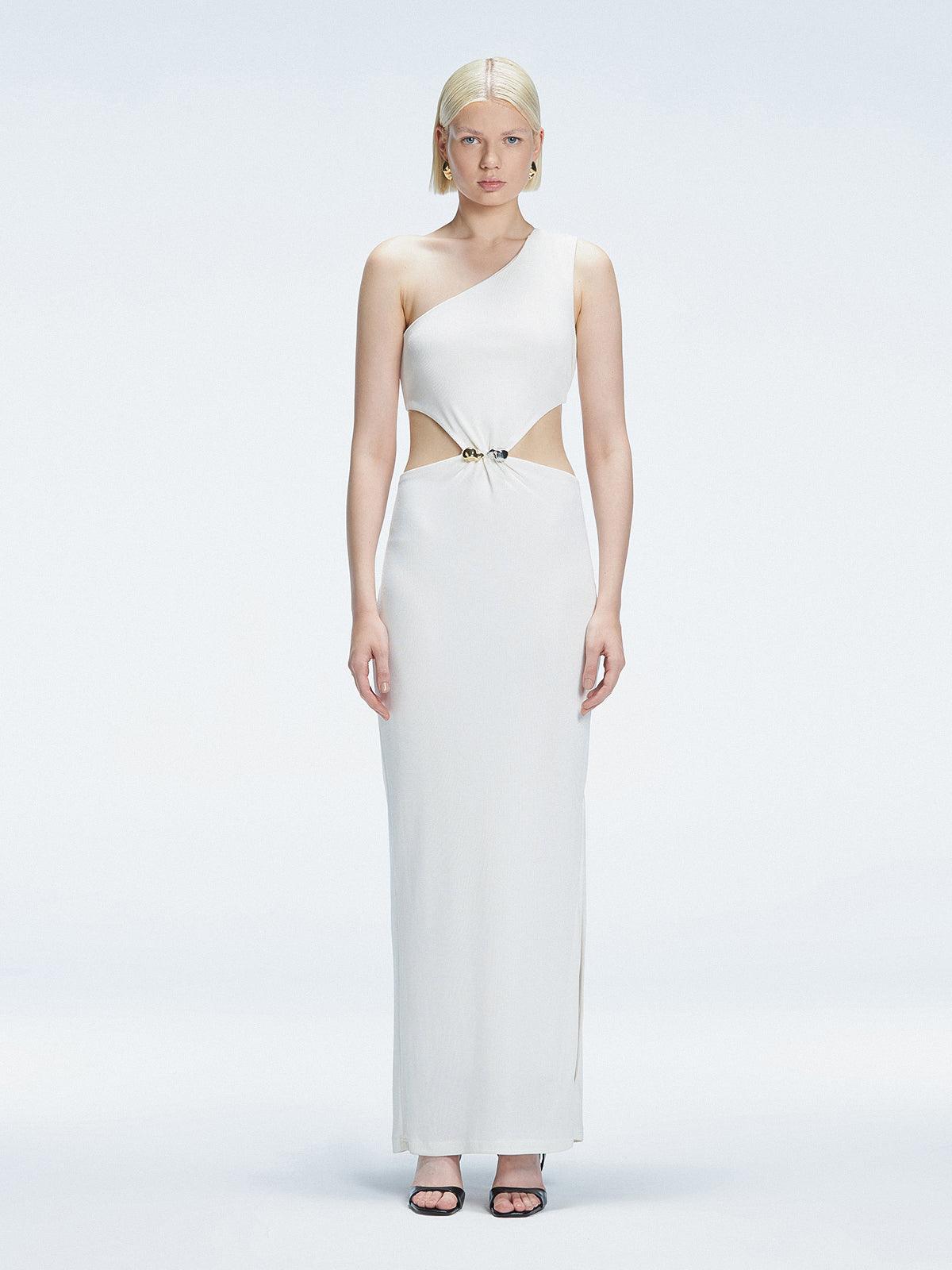 Front view of model wearing Violet White Maxi Dress with one-shoulder design, cut-outs, and chic buckle detail.
