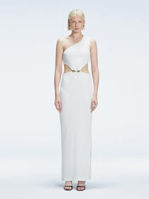 Front view of model wearing Violet White Maxi Dress with one-shoulder design, cut-outs, and chic buckle detail.
