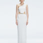 Front view of model wearing Violet White Maxi Dress with one-shoulder design, cut-outs, and chic buckle detail.
