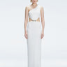 Front view of model wearing Violet White Maxi Dress with one-shoulder design, cut-outs, and chic buckle detail.
