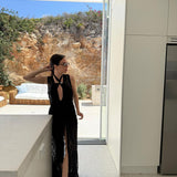 Meredith Black Bikini Set And Aveline Black Sleeveless Lace Maxi Kaftan
