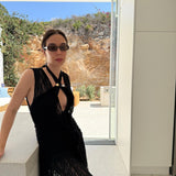 Meredith Black Bikini Set And Aveline Black Sleeveless Lace Maxi Kaftan