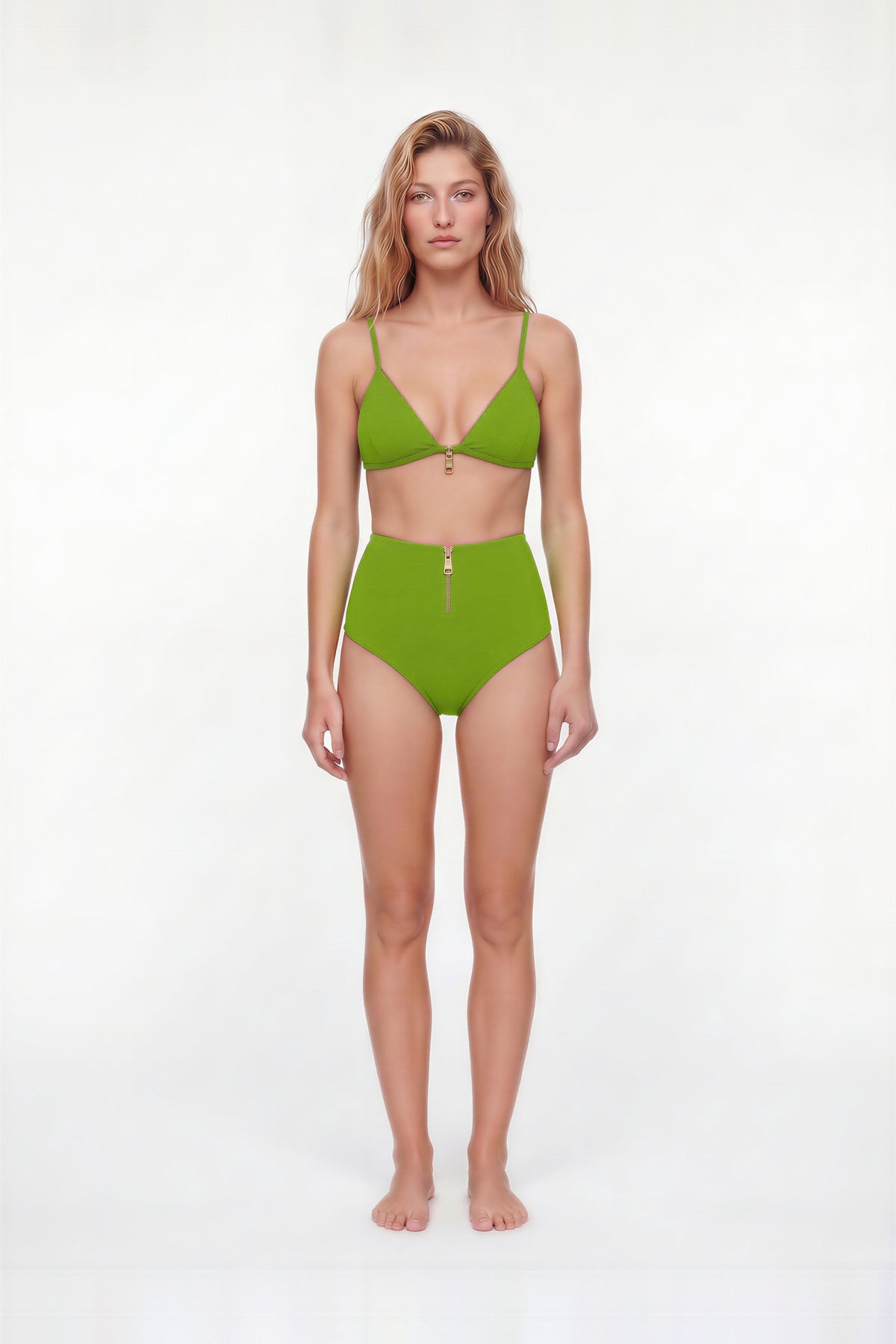 Nyrelle Green High-Waisted Triangle Bikini Set with Gold Zip