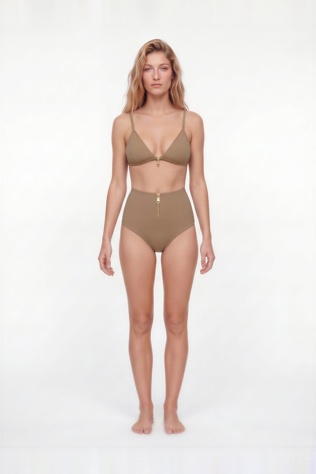 Nyrelle Nude High-Waisted Triangle Bikini Set with Gold Zip