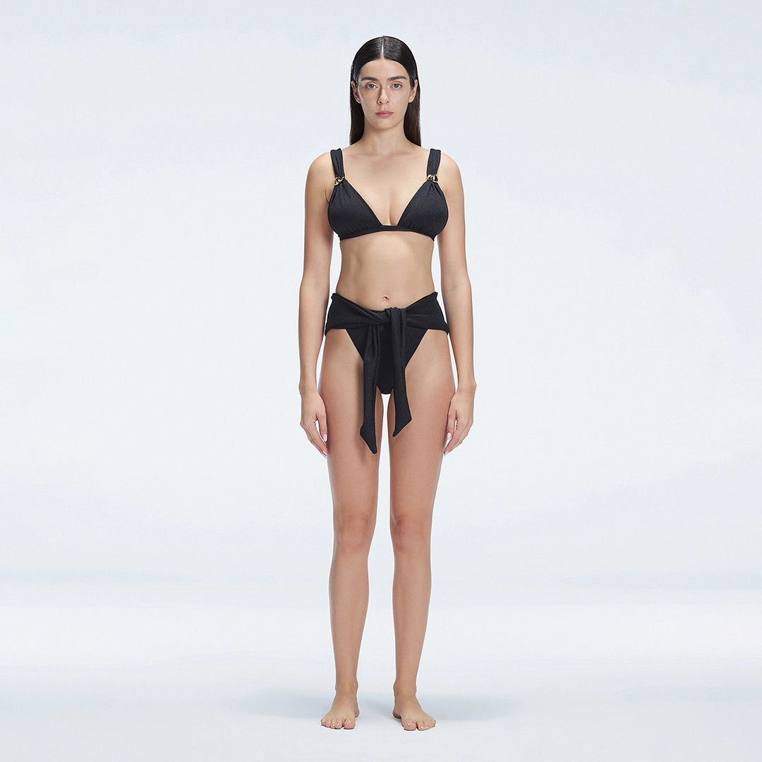 Zella Shiny Black Triangle Mid Coverage Solid Bikini Sets | Moeva | Bikini Sets | Each week unveils new pieces—luxury swimwear, fluid resort silhouettes, and elevated summer-to-evening essentials designed to carry you from coastal escapes to city nights.