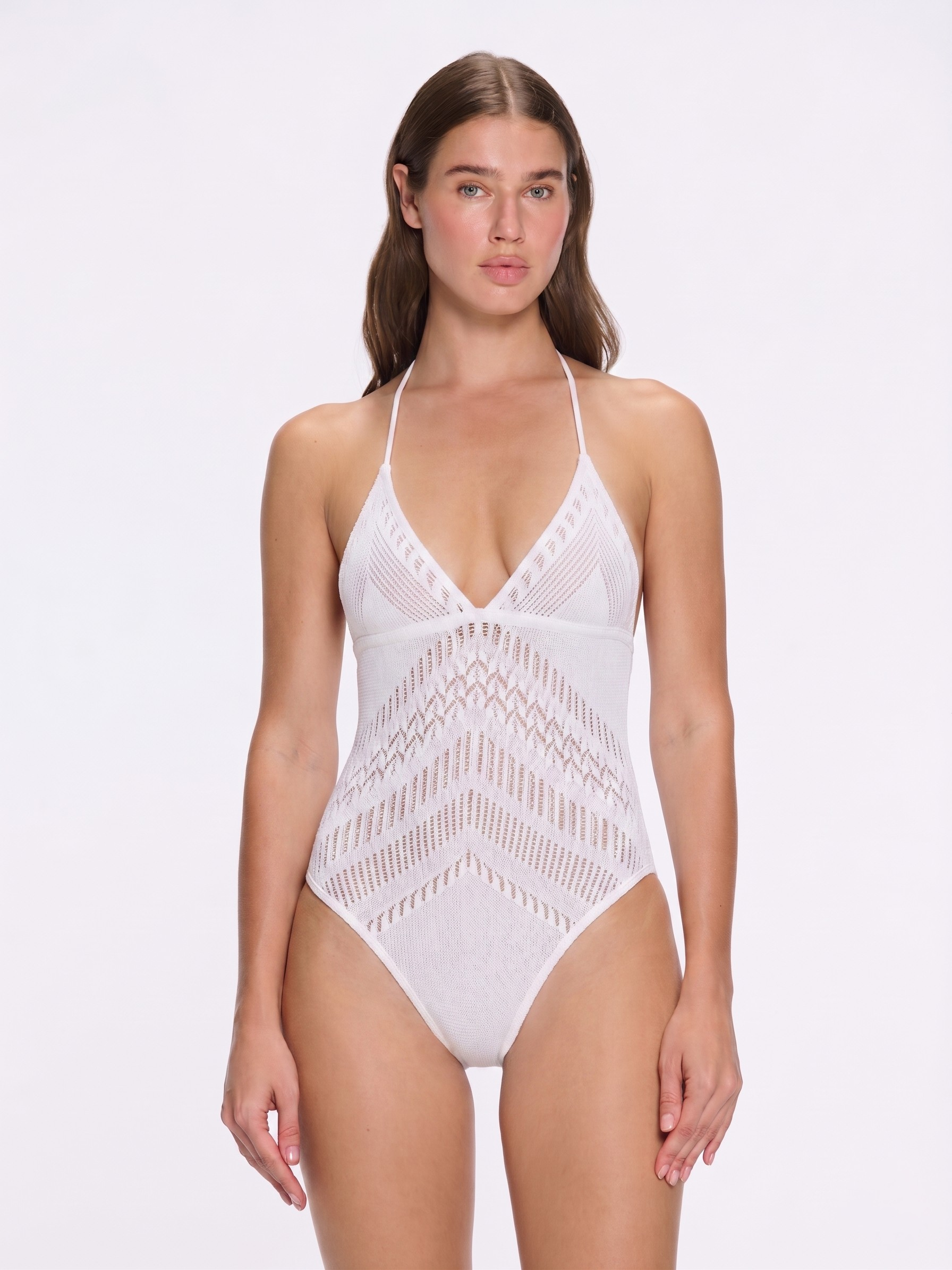 Villone V Neck White Knitted One Piece Swimsuit | Moeva | Swimsuit | Each week unveils new pieces—luxury swimwear, fluid resort silhouettes, and elevated summer-to-evening essentials designed to carry you from coastal escapes to city nights.