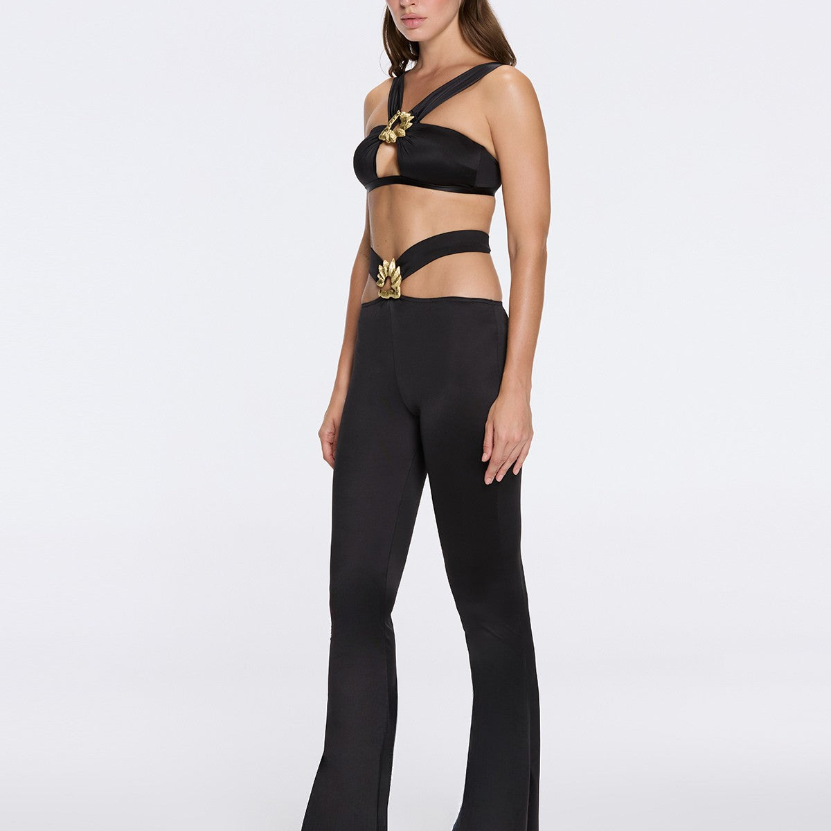 Gwyneth High-Waist with Gold Detail Satin Flare Black Pants | Moeva | Pants | Each week unveils new pieces—luxury swimwear, fluid resort silhouettes, and elevated summer-to-evening essentials designed to carry you from coastal escapes to city nights.