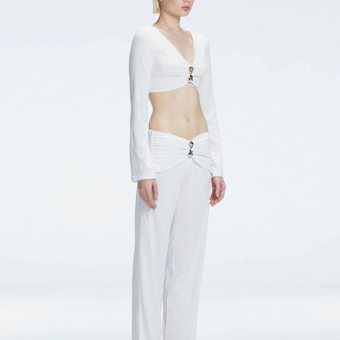 Sirenia Long Sleeve Crop Top and Helena Straight Leg Accessorised Pants White Set | Moeva | Set | Each week unveils new pieces—luxury swimwear, fluid resort silhouettes, and elevated summer-to-evening essentials designed to carry you from coastal escapes to city nights.