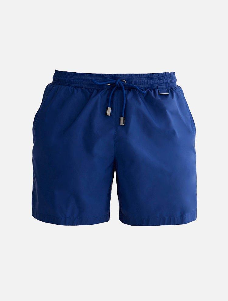 "Decoupage image of Louis dark blue mid-thigh length men's swim shorts by Moeva, showcasing multiple angles and features. Highlighting the ultra-light, quick-dry fabric, elastic waistband, drawstrings with black nickel stoppers, and Moeva patch. Ideal for creating an elegant beachside look."