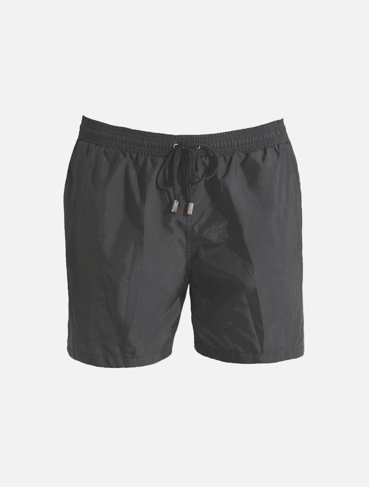 Decoupage image of Louis Dark Grey ultralight men's swim shorts by Moeva, displaying multiple angles and details. Highlighting the sleek design, elastic waistband, drawstrings with black nickel stoppers, and Moeva patch. Ideal for stylish and comfortable beachwear."