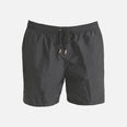 Decoupage image of Louis Dark Grey ultralight men's swim shorts by Moeva, displaying multiple angles and details. Highlighting the sleek design, elastic waistband, drawstrings with black nickel stoppers, and Moeva patch. Ideal for stylish and comfortable beachwear."