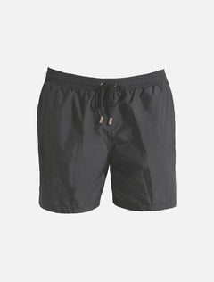 Decoupage image of Louis Dark Grey ultralight men's swim shorts by Moeva, displaying multiple angles and details. Highlighting the sleek design, elastic waistband, drawstrings with black nickel stoppers, and Moeva patch. Ideal for stylish and comfortable beachwear."