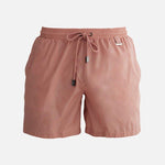 Alt text for decoupage image: "Decoupage image of Louis Old Rose ultralight men's swim shorts by Moeva, showcasing multiple angles and details. Highlighting the ultra-light, quick-dry fabric, elastic waistband, drawstrings with black nickel stoppers, Moeva patch, and two open pockets. Perfect for creating a stylish and comfortable beachside look."