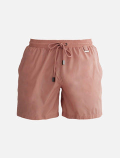 Alt text for decoupage image: "Decoupage image of Louis Old Rose ultralight men's swim shorts by Moeva, showcasing multiple angles and details. Highlighting the ultra-light, quick-dry fabric, elastic waistband, drawstrings with black nickel stoppers, Moeva patch, and two open pockets. Perfect for creating a stylish and comfortable beachside look."