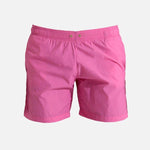 "Decoupage image of Louis pink mid-thigh length men's swim shorts by Moeva, showcasing multiple angles and details. Highlighting the ultra-light, quick-dry fabric, elastic waistband, drawstrings with black nickel stoppers, Moeva patch, and two open pockets. Perfect for creating a stylish and comfortable beachside look."