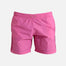 "Decoupage image of Louis pink mid-thigh length men's swim shorts by Moeva, showcasing multiple angles and details. Highlighting the ultra-light, quick-dry fabric, elastic waistband, drawstrings with black nickel stoppers, Moeva patch, and two open pockets. Perfect for creating a stylish and comfortable beachside look."