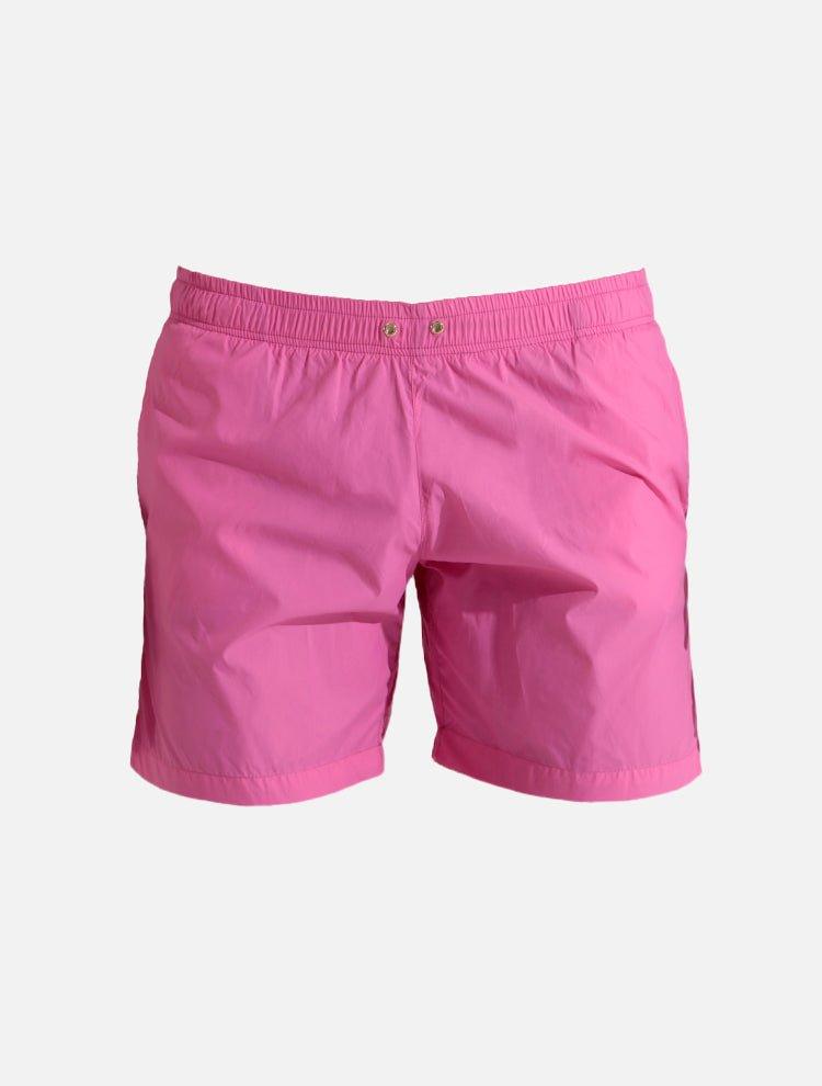 "Decoupage image of Louis pink mid-thigh length men's swim shorts by Moeva, showcasing multiple angles and details. Highlighting the ultra-light, quick-dry fabric, elastic waistband, drawstrings with black nickel stoppers, Moeva patch, and two open pockets. Perfect for creating a stylish and comfortable beachside look."