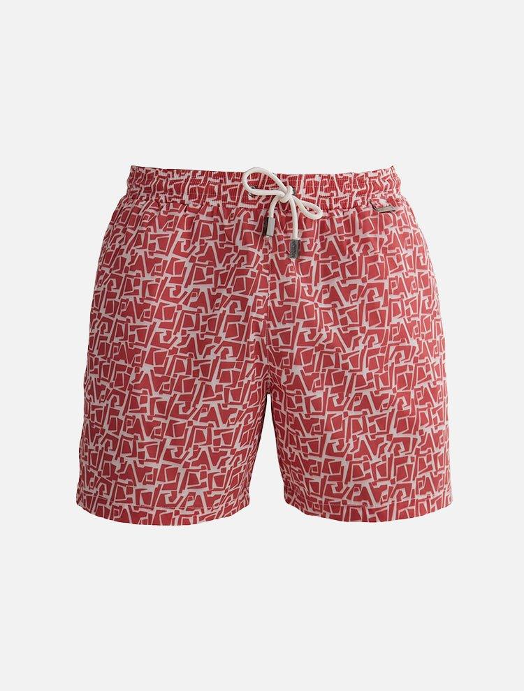 "Decoupage image of Louis red mosaic mid-thigh length men's swim shorts by Moeva, showcasing multiple angles and details. Highlighting the ultra-light, quick-dry fabric, elastic waistband, drawstrings with black nickel stoppers, Moeva patch, and two open pockets. Perfect for creating a stylish and comfortable beachside look."