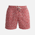 "Decoupage image of Louis red mosaic mid-thigh length men's swim shorts by Moeva, showcasing multiple angles and details. Highlighting the ultra-light, quick-dry fabric, elastic waistband, drawstrings with black nickel stoppers, Moeva patch, and two open pockets. Perfect for creating a stylish and comfortable beachside look."