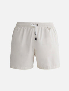  "Decoupage image of Louis white mid-thigh length men's swim shorts by Moeva, showcasing multiple angles and details. Highlighting the ultra-light, quick-dry fabric, elastic waistband, drawstrings with black nickel stoppers, Moeva patch, and two open pockets. Perfect for creating a stylish and comfortable beachside look."