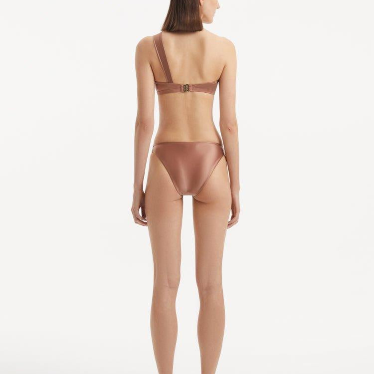 Sereia Brown One Shoulder Mid Coverage Satin Bikini Set | Moeva | Bikini Set | Each week unveils new pieces—luxury swimwear, fluid resort silhouettes, and elevated summer-to-evening essentials designed to carry you from coastal escapes to city nights.