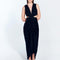 " Front view of Adelice black dress with a deep V neckline, center ruching, asymmetrical skirt, high front slit, and side cutouts."