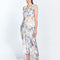  "Front view of Adelice blue abstract dress with deep V neckline, center ruching, asymmetrical skirt, high front slit, and side cutouts."
