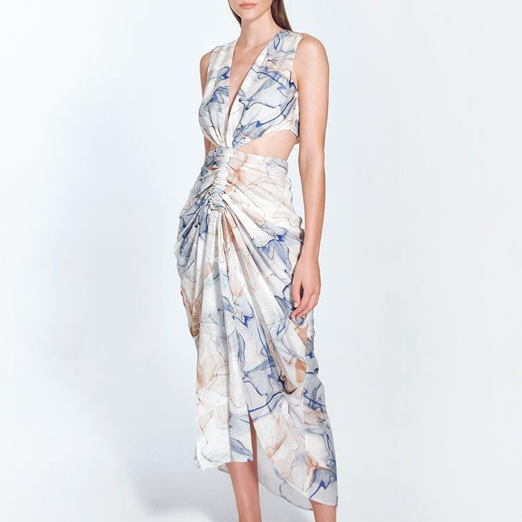 Adelice Blue Abstract V-Neck Maxi Dress with Front Slit | Moeva | Dress | Each week unveils new pieces—luxury swimwear, fluid resort silhouettes, and elevated summer-to-evening essentials designed to carry you from coastal escapes to city nights.