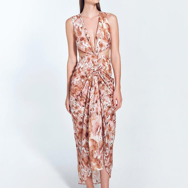 Adelice Floral Abstract V-Neck Maxi Dress with Front Slit | Moeva | Dress | Each week unveils new pieces—luxury swimwear, fluid resort silhouettes, and elevated summer-to-evening essentials designed to carry you from coastal escapes to city nights.