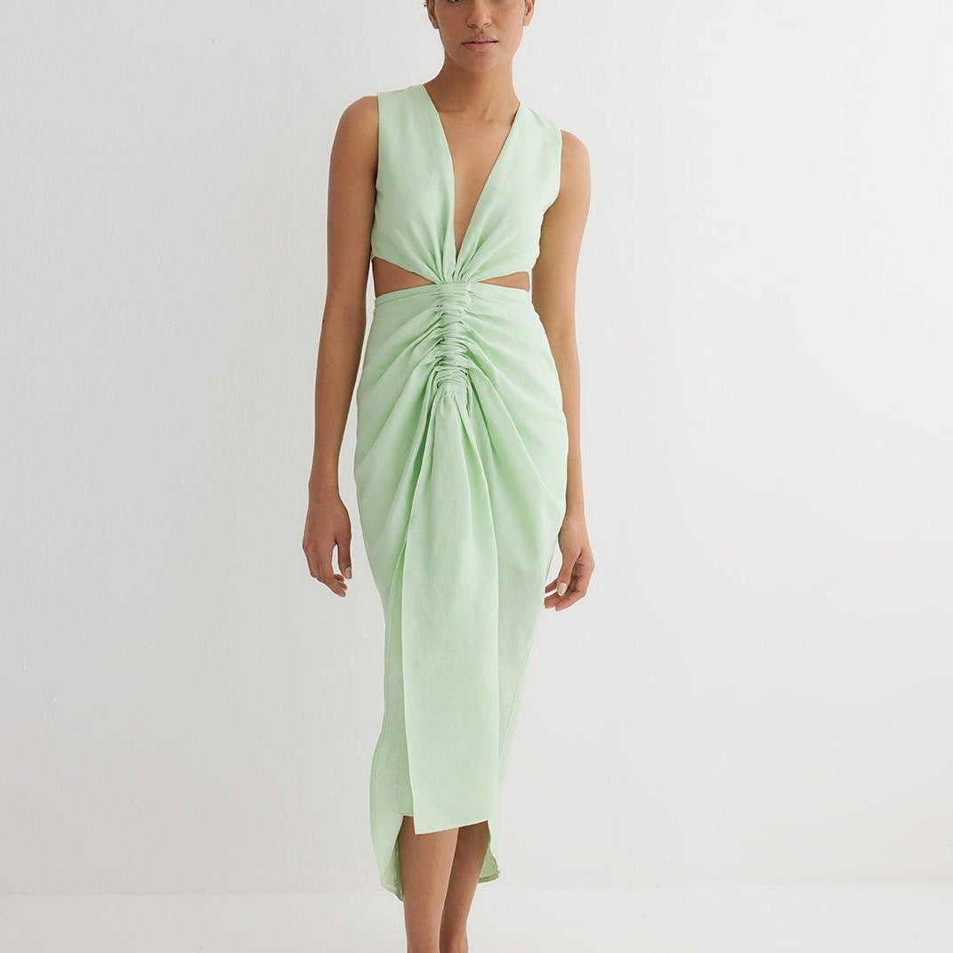 Adelice Mint Green V-Neck Maxi Dress with Front Slit | Moeva | Dress | Each week unveils new pieces—luxury swimwear, fluid resort silhouettes, and elevated summer-to-evening essentials designed to carry you from coastal escapes to city nights.