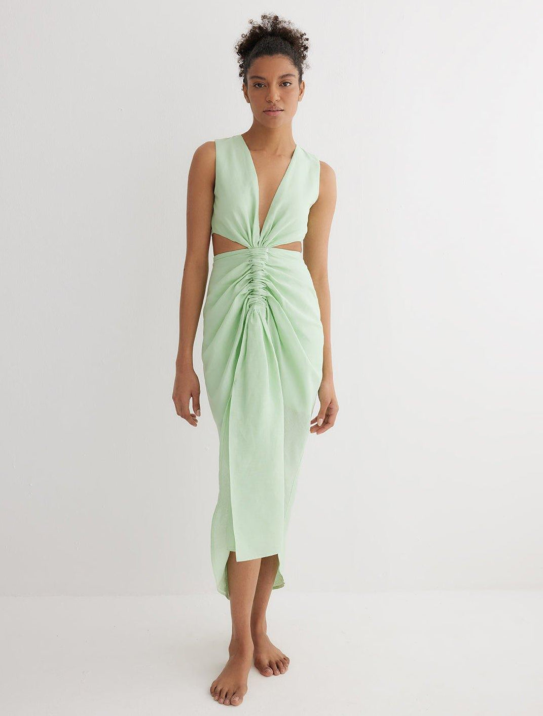 Adelice Mint Green V-Neck Maxi Dress with Front Slit | Moeva | Dress | Each week unveils new pieces—luxury swimwear, fluid resort silhouettes, and elevated summer-to-evening essentials designed to carry you from coastal escapes to city nights.