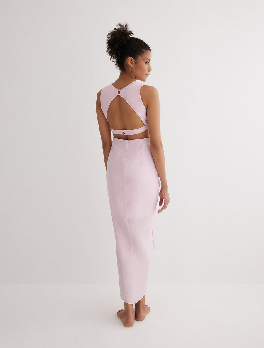 Back View: Model in Adelice Pink Dress - MOEVA Luxury Swimwear, Ready to Wear Maxi Dress, Fully Lined, Chic, Linen, MOEVA Luxury Swimwear