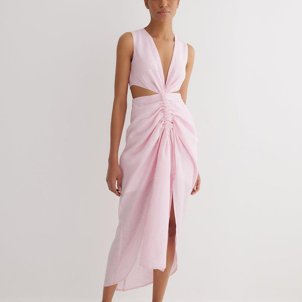 Adelice Pink V-Neck Maxi Dress with Front Slit | Moeva | Dress | Each week unveils new pieces—luxury swimwear, fluid resort silhouettes, and elevated summer-to-evening essentials designed to carry you from coastal escapes to city nights.