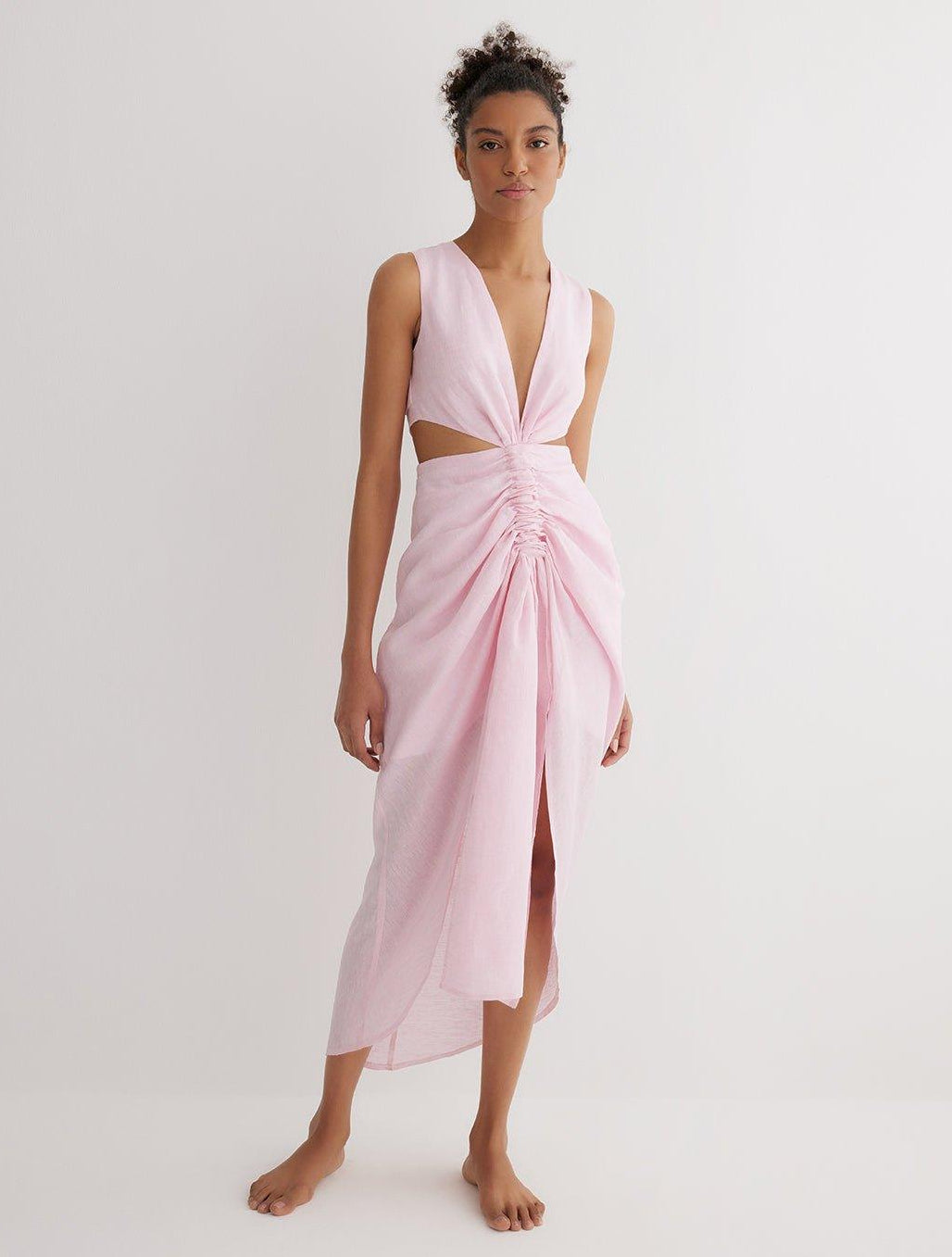Adelice Pink V-Neck Maxi Dress with Front Slit | Moeva | Dress | Each week unveils new pieces—luxury swimwear, fluid resort silhouettes, and elevated summer-to-evening essentials designed to carry you from coastal escapes to city nights.