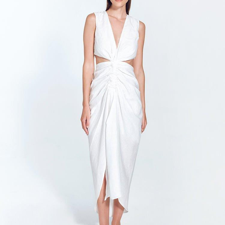 Adelice White V-Neck Maxi Dress with Front Slit | Moeva | Dress | Each week unveils new pieces—luxury swimwear, fluid resort silhouettes, and elevated summer-to-evening essentials designed to carry you from coastal escapes to city nights.