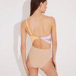 Back View: Model in Adelina Orange/Lilac/Nude Swimsuit - MOEVA Luxury Swimwear, Asymmetric Cutouts Accented With Drapes, One Shoulder, Gold Clasps at the Back, Rectangular Accessories, Moderate Bottom Coverage, One Piece Swimsuit, MOEVA Luxury Swimwear 