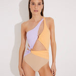 Front View: Model in Adelina Orange/Lilac/Nude Swimsuit - MOEVA Luxury Swimwear, Fully Lined, Removable Padding, Italian Fabric, Special Lycra Xtralife Certificate, One Piece Swimsuit, MOEVA Luxury Swimwear 