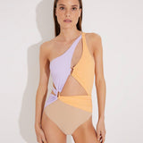 Front View: Model in Adelina Orange/Lilac/Nude Swimsuit - MOEVA Luxury Swimwear, Fully Lined, Removable Padding, Italian Fabric, Special Lycra Xtralife Certificate, One Piece Swimsuit, MOEVA Luxury Swimwear 