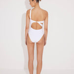 Back View: Model in Adelina White Swimsuit  - MOEVA Luxury Swimwear, Asymmetric Cutouts Accented With Drapes, One Shoulder, Gold Clasps at the Back, Rectangular Accessories, Moderate Bottom Coverage, One Piece Swimsuit, MOEVA Luxury Swimwear 