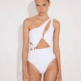 Front View: Model in Adelina White Swimsuit - MOEVA Luxury Swimwear, Fully Lined, Removable Padding, Italian Fabric, Special Lycra Xtralife Certificate, One Piece Swimsuit, MOEVA Luxury Swimwear 