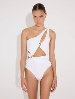 Front View: Model in Adelina White Swimsuit - MOEVA Luxury Swimwear, Fully Lined, Removable Padding, Italian Fabric, Special Lycra Xtralife Certificate, One Piece Swimsuit, MOEVA Luxury Swimwear 