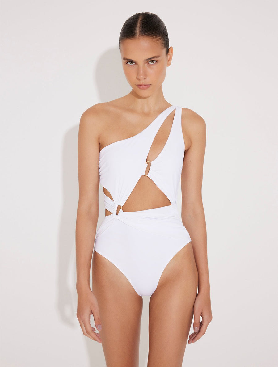 Adelina White One Shoulder Swimsuit With Asymmetric Cut Outs -Swimsuit Moeva